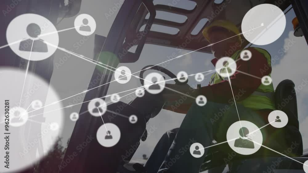 Network of connections animation over construction worker operating machinery Network of connections animation over construction worker operating machinery