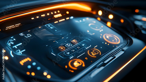 Futuristic Car Dashboard with Orange and Blue Lights - 3D Illustration