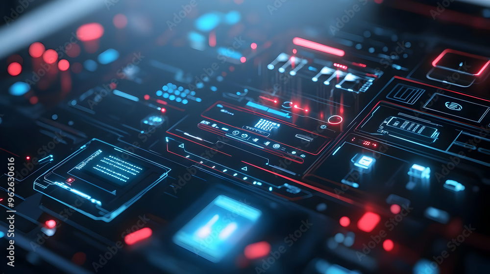 3D Futuristic Interface with Red and Blue Lights 3D Futuristic Interface with Red and Blue Lights