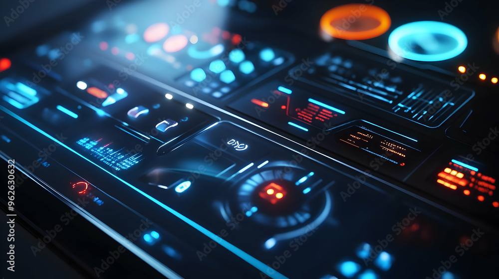Futuristic Interface with Glowing Blue and Red Lights - 3D Illustration