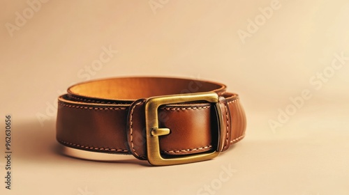 A brown leather belt with a brass buckle on a soft, neutral background.