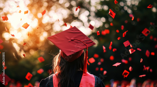 A woman wearing a red cap and gown is surrounded by red confetti