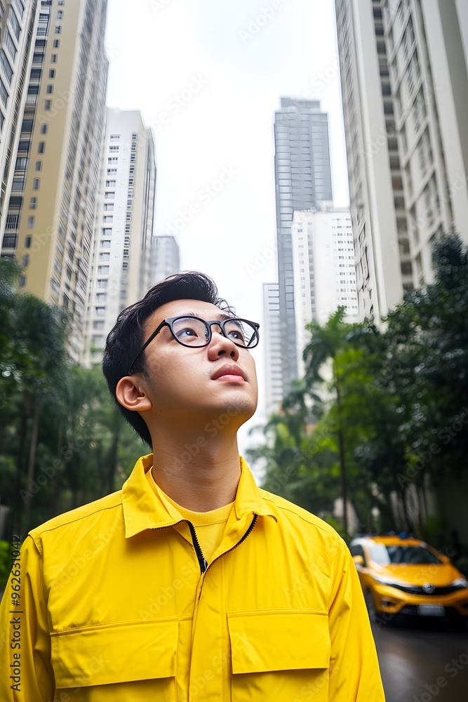 Young Man in Yellow Jacket Looking Up in City Street Young Man in Yellow Jacket Looking Up in City Street