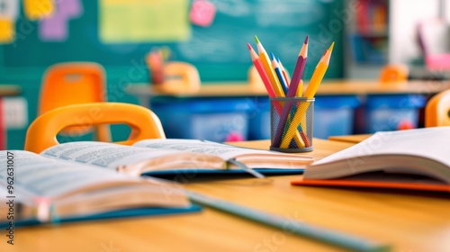 classroom desk featuring open textbooks, freshly sharpened pencils, and a ruler, with an organized layout and large copy space for text photo