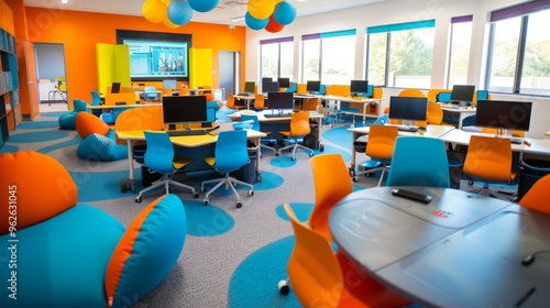 A fully accessible classroom where digital tools are used to create a collaborative and inclusive learning environment, supporting students with different abilities with copy space for text