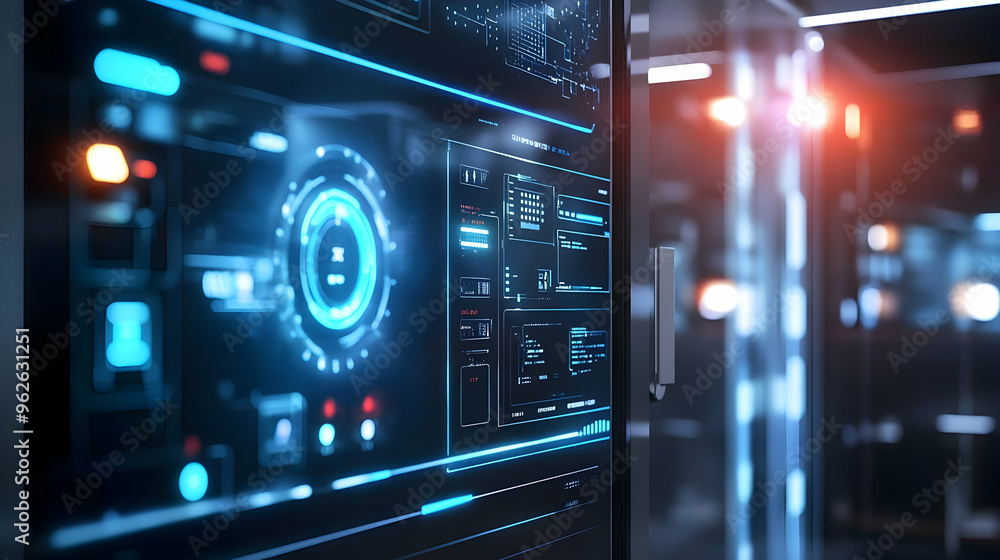 Futuristic Digital Interface Illustration with Blue Glowing Elements Futuristic Digital Interface Illustration with Blue Glowing Elements