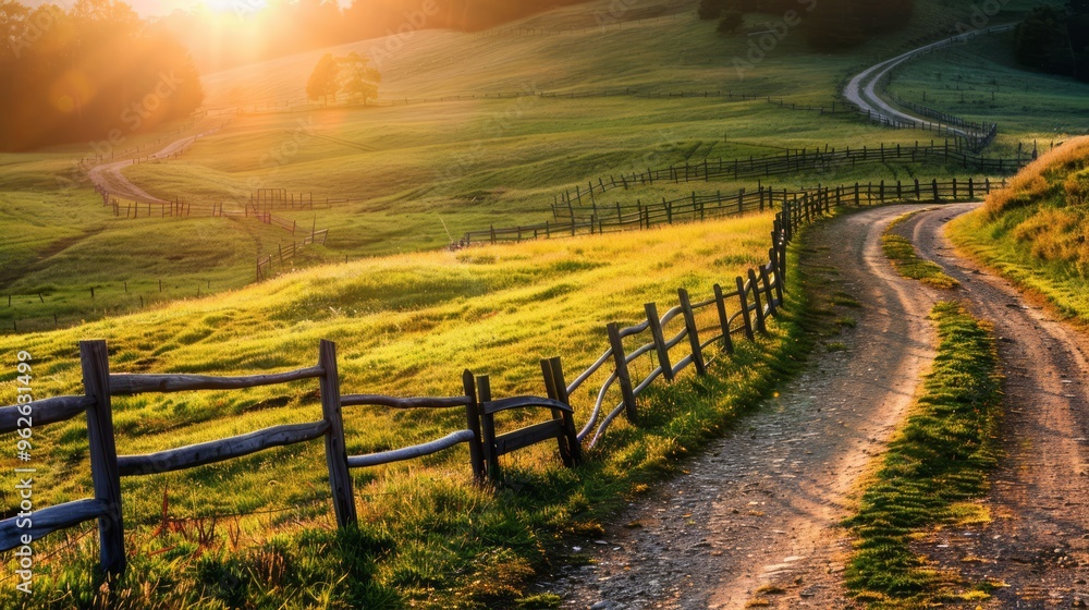golden hour illuminating a winding dirt road leading through a peaceful countryside, lined with weathered wooden fences, with plenty of copy space for text golden hour illuminating a winding dirt road leading through a peaceful countryside, lined with weathered wooden fences, with plenty of copy space for text