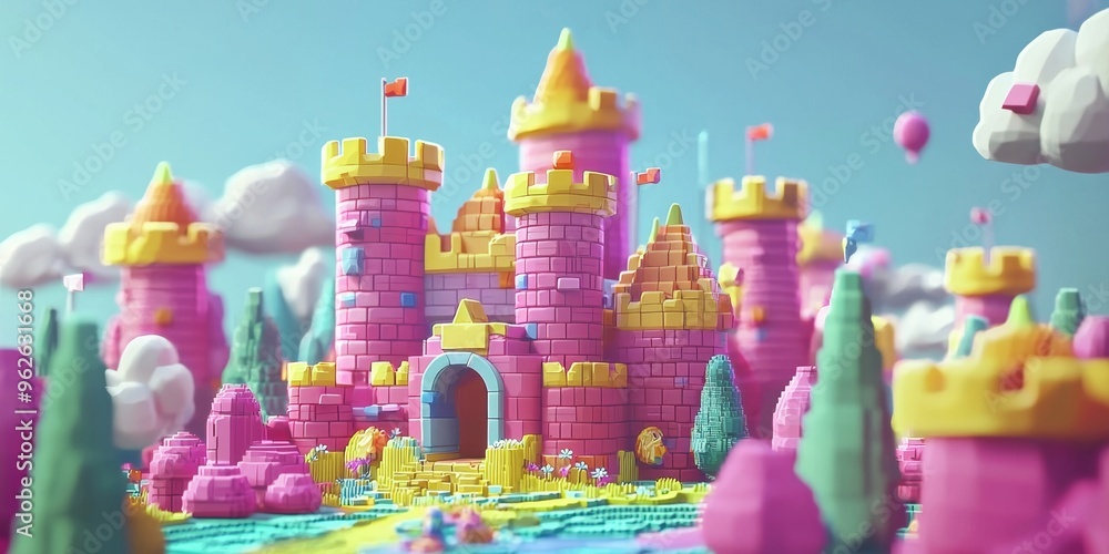 Whimsical 3D Fantasy Castle with Vibrant Towers and Spires in Magical Landscape Whimsical 3D Fantasy Castle with Vibrant Towers and Spires in Magical Landscape