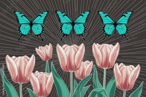 Vibrant Teal Urban Morph Butterflies Over Bright Tulip Flowers in Charcoal Art