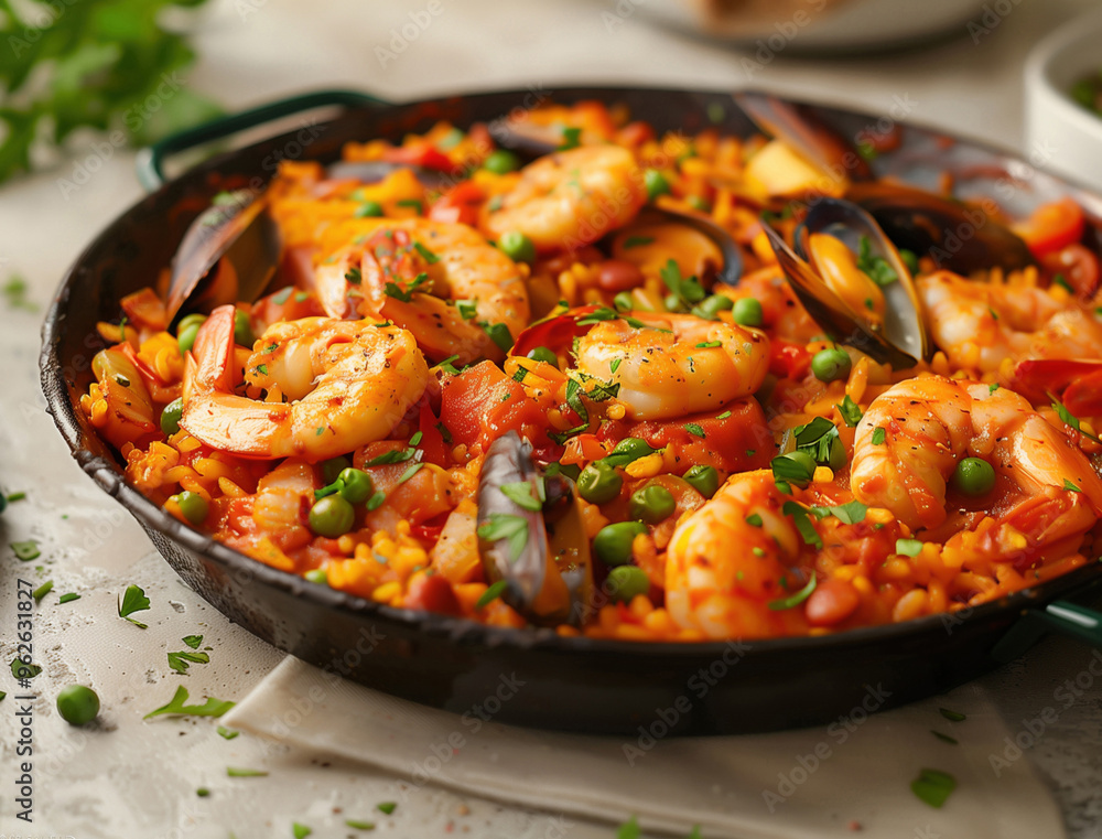 Flavorful Spanish shrimp Paella in a cast iron pan with fresh ingredients Flavorful Spanish shrimp Paella in a cast iron pan with fresh ingredients