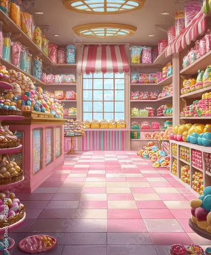 Whimsical Candy Shop Wonderland with Vibrant Shelves and Treats on Display