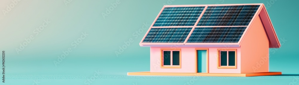 Fototapeta premium minimalist 3d render of a pastel pink house with solar panels on a blue background.