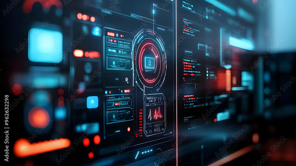 Fototapeta premium Futuristic Digital Interface with Red and Blue Glowing Lights Illustration