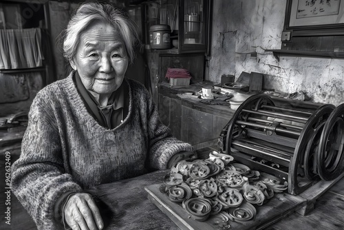 Elderly Woman in Traditional Chinese Home with Black and White Photography photo