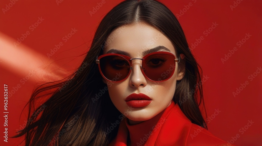 A young brunette woman wearing a trendy red suit and red sunglasses A young brunette woman wearing a trendy red suit and red sunglasses
