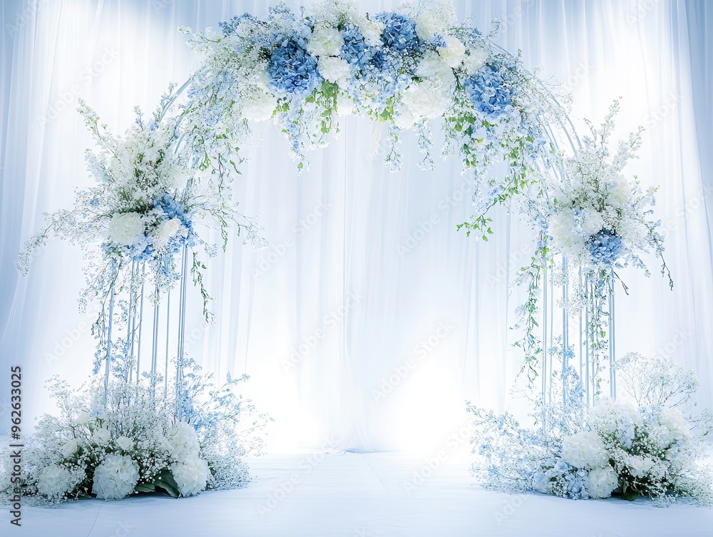 Fototapeta premium Elegant white and blue floral wedding arch, Stunning wedding arch adorned with white and blue flowers, creating an elegant and serene backdrop perfect for ceremonies and special events. 