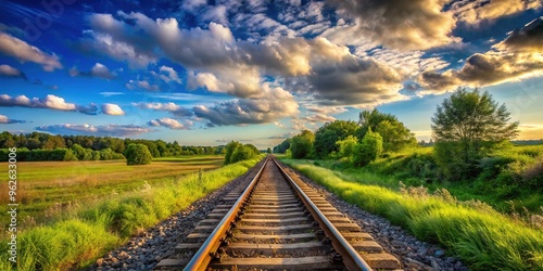 Five rustic railroad rails recede into the rural distance, flanked by lush greenery and a serene blue sky with wispy white clouds. photo