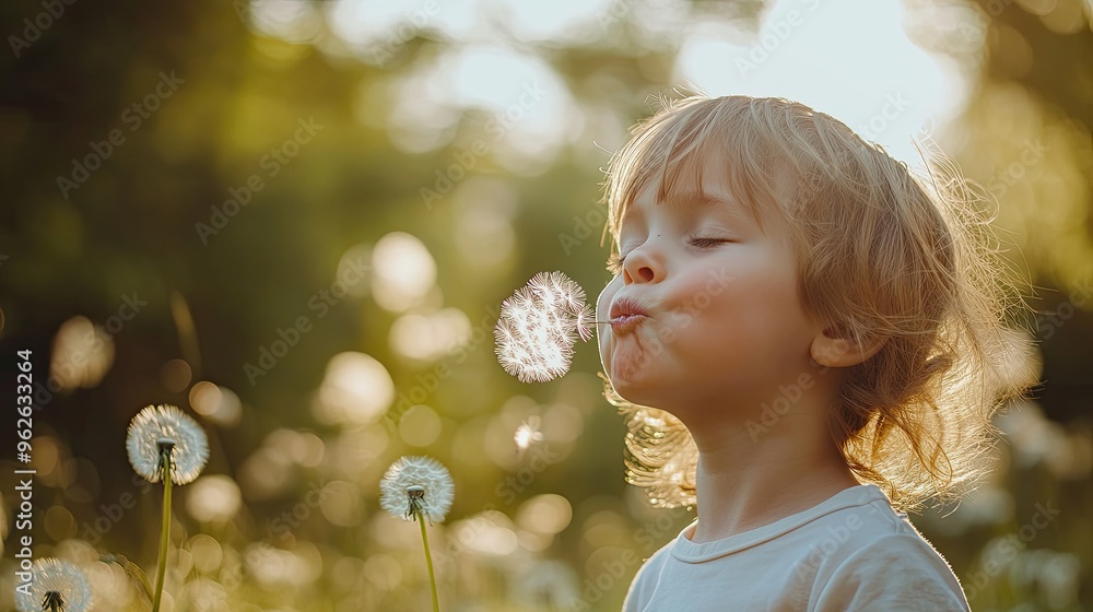 A child blowing dandelion seeds in a sunlit field, capturing a moment of joy and wonder. A child blowing dandelion seeds in a sunlit field, capturing a moment of joy and wonder.