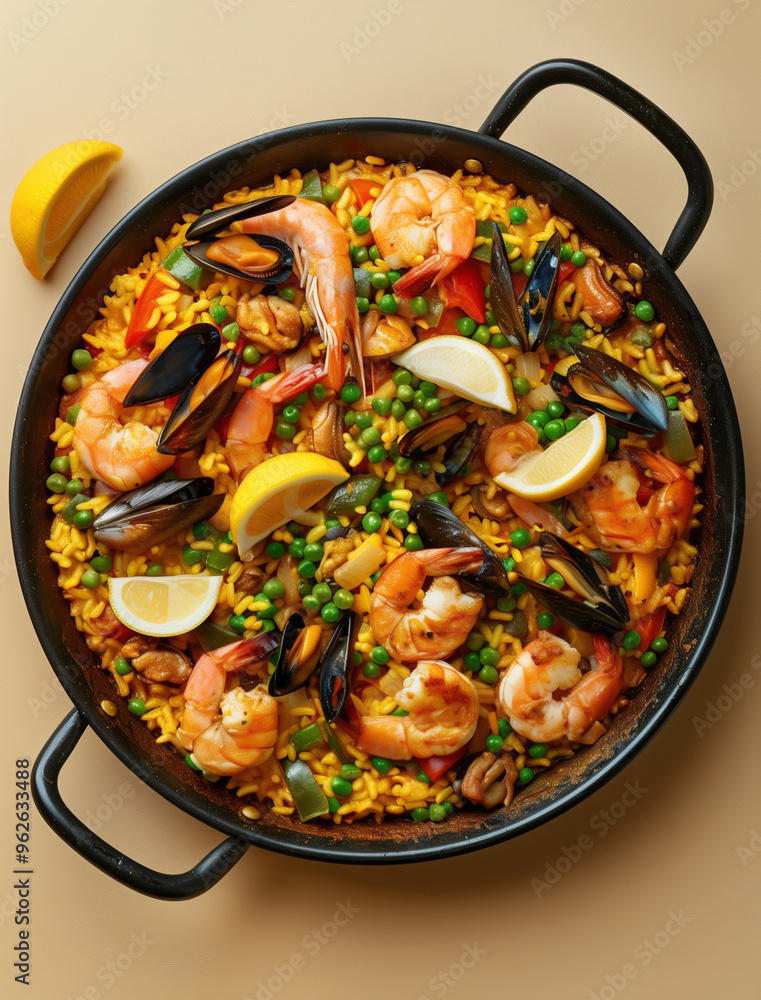 Close up food photography of traditional Spanish seafood Paella in cast iron pan Close up food photography of traditional Spanish seafood Paella in cast iron pan