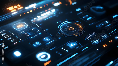 Futuristic Interface with Glowing Buttons and Controls - 3D Illustration