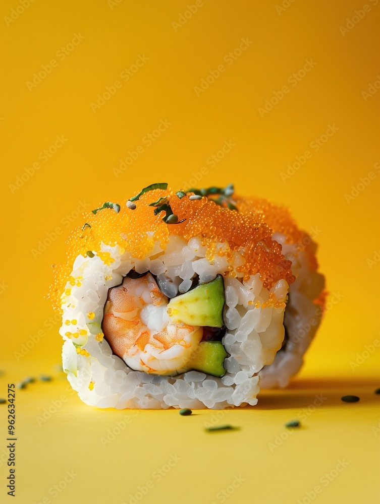 Elegant Crunchy Roll shrimp sushi plate bold isolated vibrant background Elegant Crunchy Roll shrimp sushi plate bold isolated vibrant background