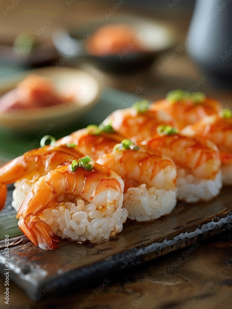 Ebi Nigiri shrimp sushi with sesame on a wooden plate, close up Ebi Nigiri shrimp sushi with sesame on a wooden plate, close up