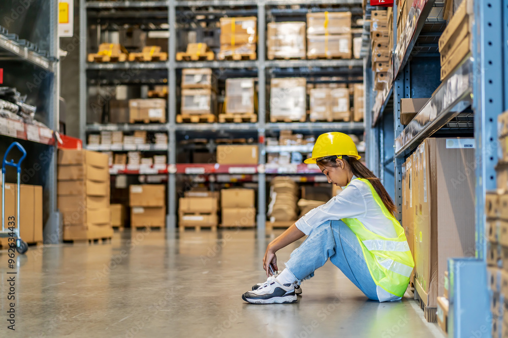 Young asian woman warehouse worker staff feeling sad and upset or look tired and lost job while sitting on the floor of the storehouse due to been fired from job cause by company bankruptcy Young asian woman warehouse worker staff feeling sad and upset or look tired and lost job while sitting on the floor of the storehouse due to been fired from job cause by company bankruptcy