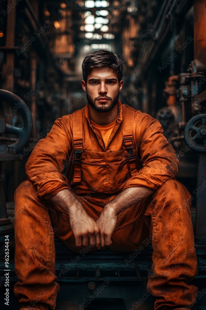Industrial Worker in Overalls Sitting in Factory Industrial Worker in Overalls Sitting in Factory