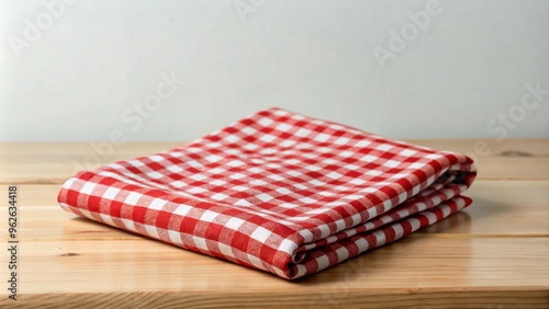 Red checked fabric cloth on wooden table countertop, isolated with no objects around. Simple background.