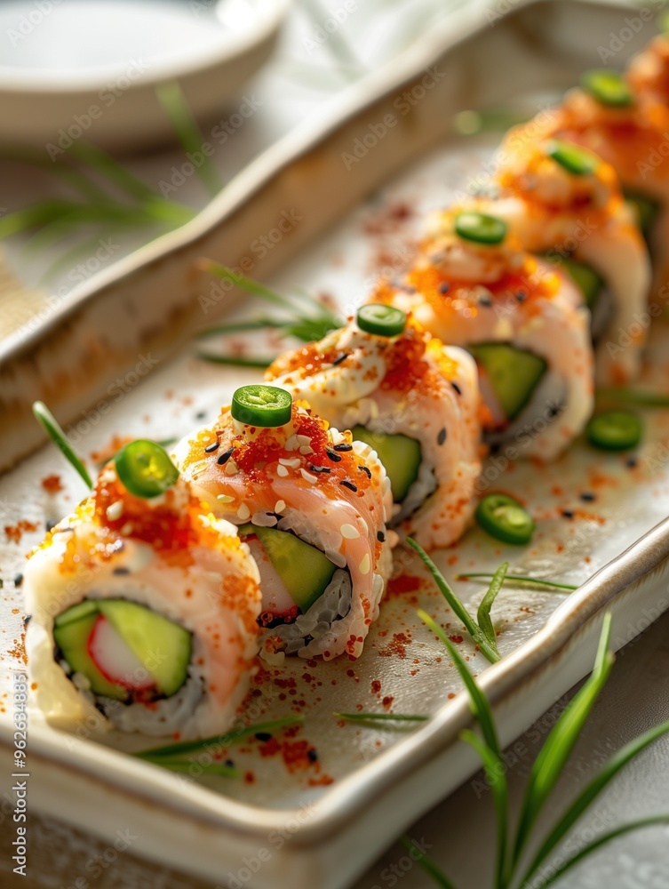 Japanese sushi Dynamite Roll with spicy tuna, cucumber, avocado, and jalapenos on a rustic table Japanese sushi Dynamite Roll with spicy tuna, cucumber, avocado, and jalapenos on a rustic table