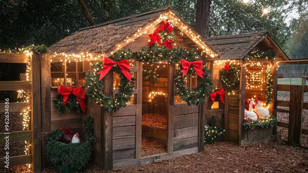 Obraz premium A chicken coop decorated for the holidays with wreaths, red bows, and string lights, creating a festive farm scene