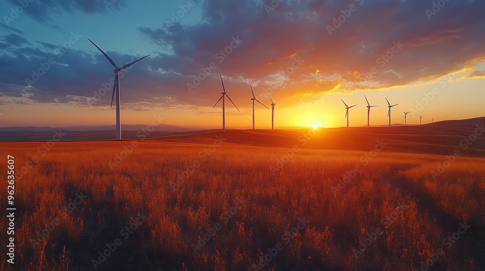 Obraz premium A wind farm with large turbines spinning in a field, golden sunset in the background, renewable energy focus,
