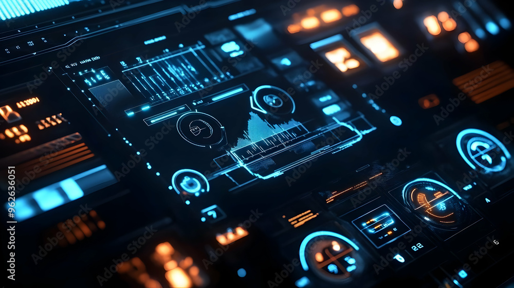 Futuristic Digital Interface with Glowing Blue and Orange Lights - 3D Illustration Futuristic Digital Interface with Glowing Blue and Orange Lights - 3D Illustration