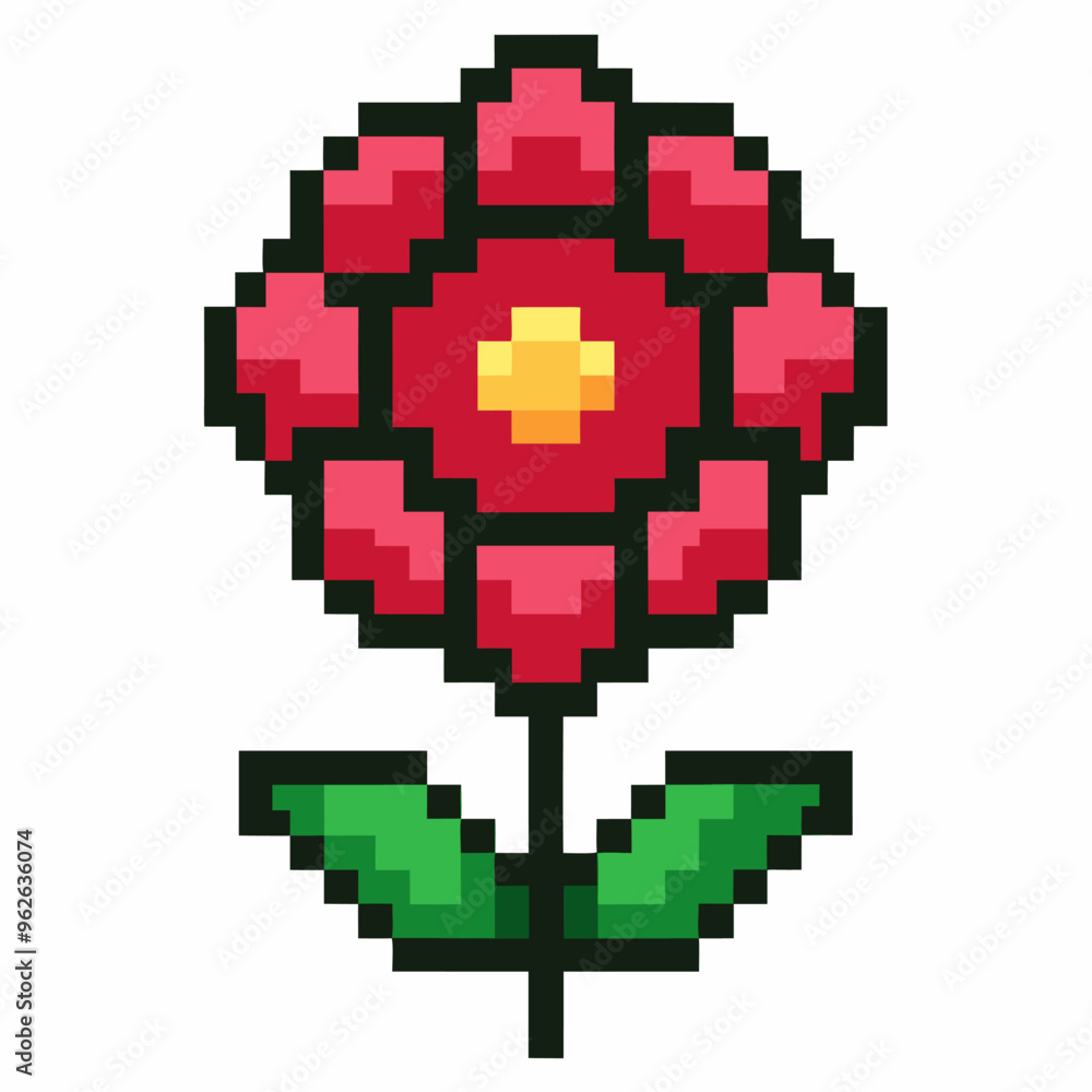 Obraz premium Pixel Art Red Flower with Green Leaves on White Background Retro 8 Bit Nature Design