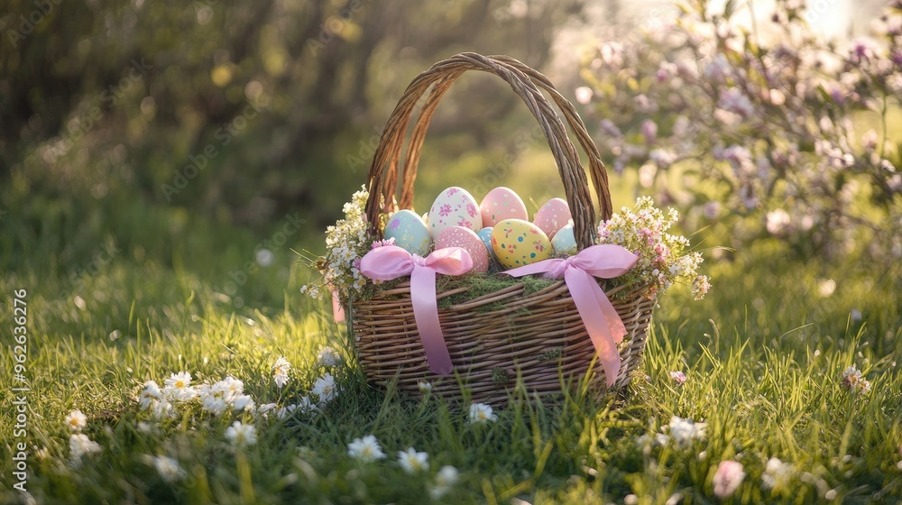 An Easter-themed basket filled with painted eggs, pastel ribbons, and spring flowers, placed on a grassy field An Easter-themed basket filled with painted eggs, pastel ribbons, and spring flowers, placed on a grassy field