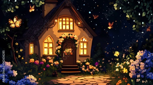 A charming cottage with warm lights and blooming flowers, surrounded by a magical night sky with glowing fireflies. photo