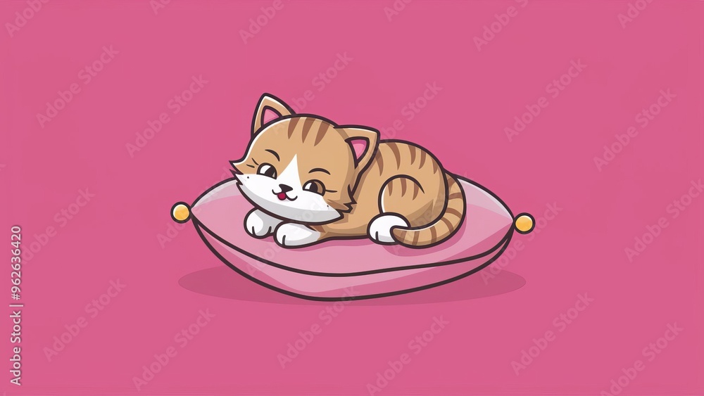 Obraz premium Adorable cartoon-style cat lying comfortably on a blue cushion set against a pink background. Concept of pets and relaxation.