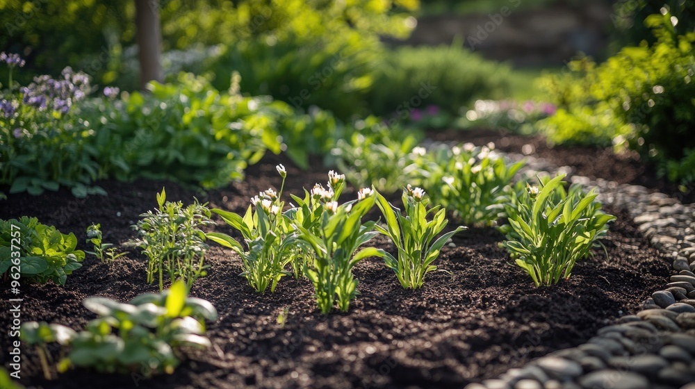 A flowerbed ground with rich soil and young plants, showing new growth in a carefully maintained garden setting A flowerbed ground with rich soil and young plants, showing new growth in a carefully maintained garden setting