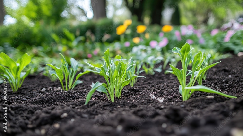 A flowerbed ground with rich soil and young plants, showing new growth in a carefully maintained garden setting A flowerbed ground with rich soil and young plants, showing new growth in a carefully maintained garden setting