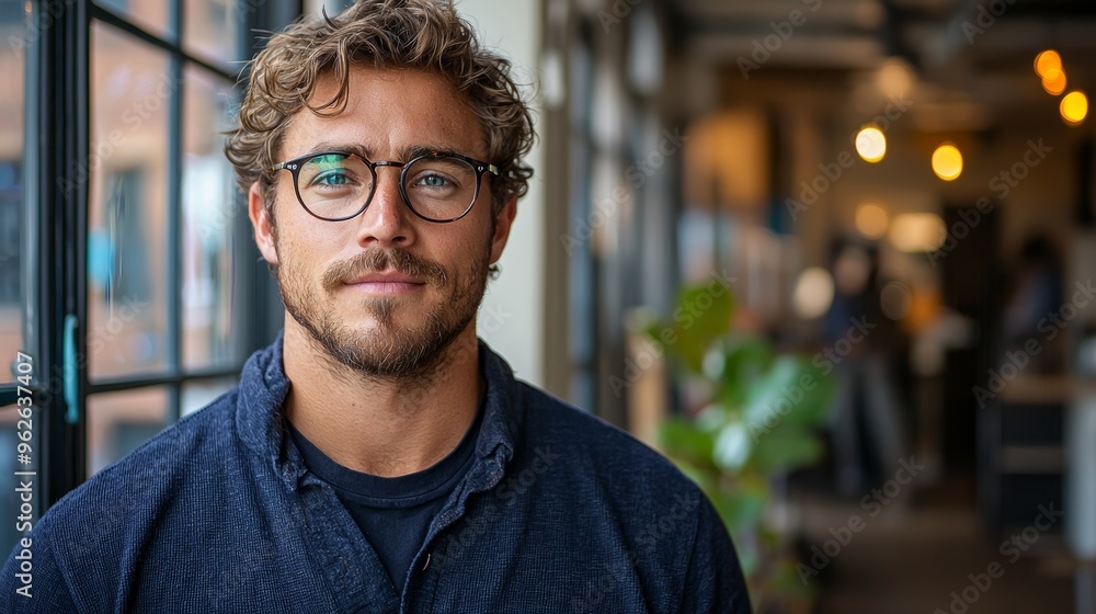 Fototapeta premium A young man with curly hair and glasses poses confidently in a modern cafe during the day, with warm lights softly illuminating the background