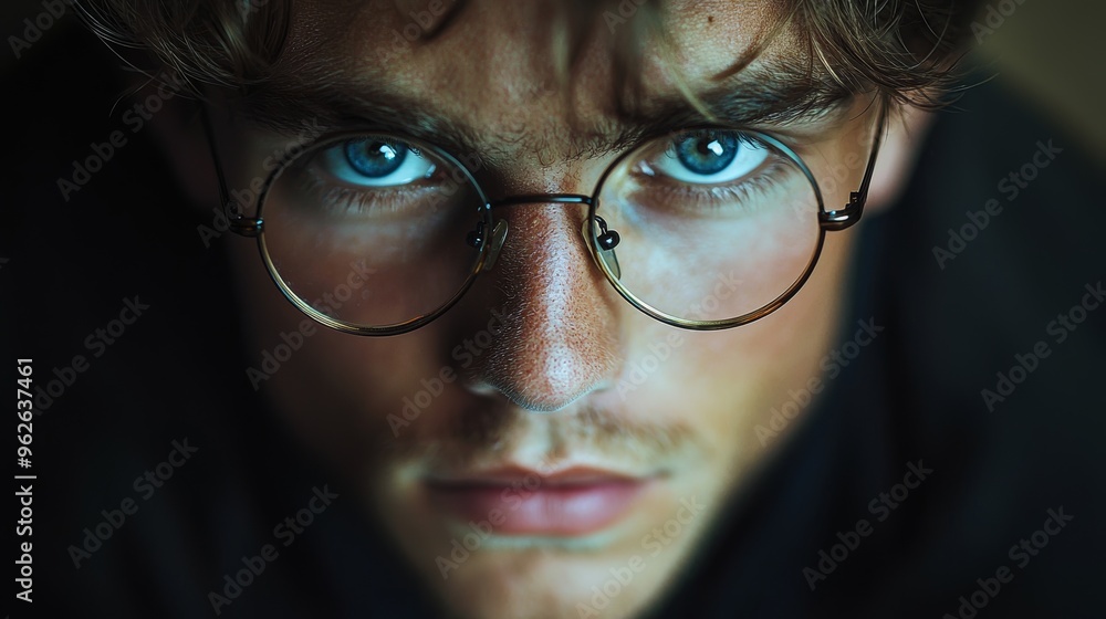 Young man with striking blue eyes and glasses gazing directly at the camera in low light conditions Young man with striking blue eyes and glasses gazing directly at the camera in low light conditions