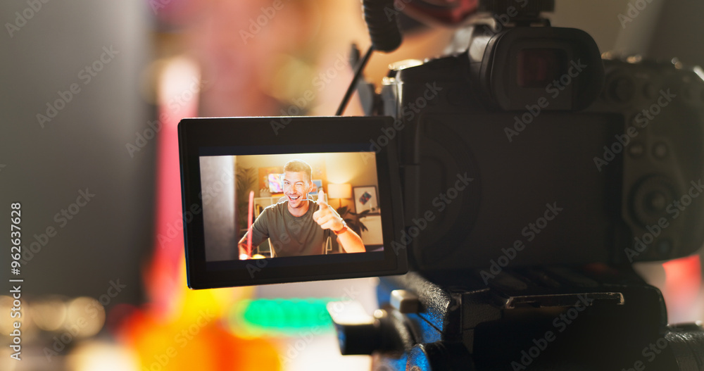 Happy man, influencer and camera with screen for video recording, online streaming or content creation at home. Male person, vlogger or young streamer with equipment for live broadcast or podcast Happy man, influencer and camera with screen for video recording, online streaming or content creation at home. Male person, vlogger or young streamer with equipment for live broadcast or podcast
