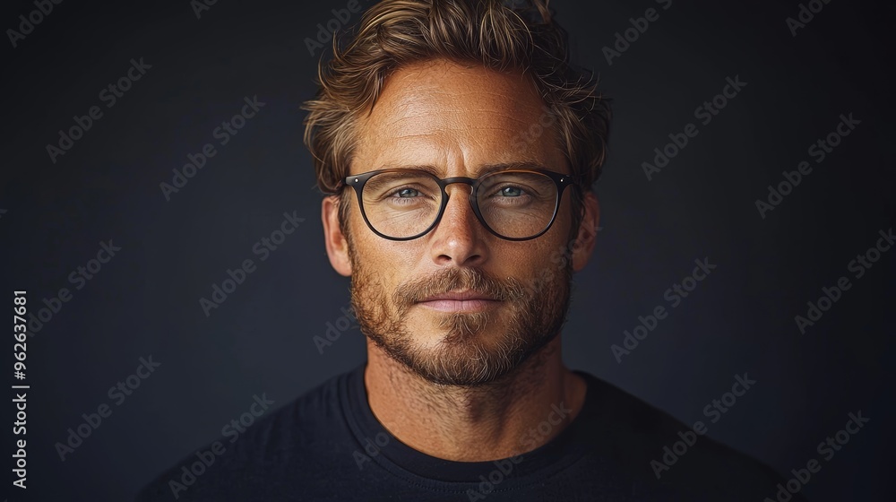 Obraz premium Portrait of a man with glasses showcasing a confident expression against a dark backdrop, emphasizing his striking features and style