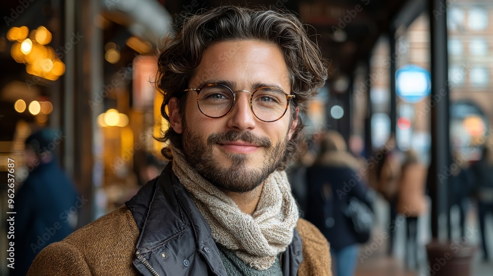 Fototapeta premium Young man with glasses and scarf smiles warmly in a bustling urban street during autumn afternoon