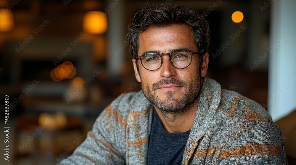 A man with glasses sits in a cozy living room, smiling warmly while enjoying a peaceful moment during the late afternoon A man with glasses sits in a cozy living room, smiling warmly while enjoying a peaceful moment during the late afternoon