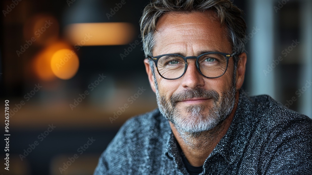 A smiling man with glasses enjoying a cozy indoor setting, capturing a moment of warmth and relaxation during daytime A smiling man with glasses enjoying a cozy indoor setting, capturing a moment of warmth and relaxation during daytime