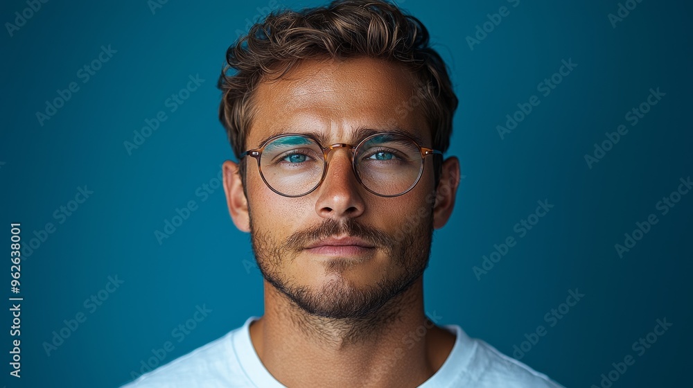 A young man with glasses poses confidently against a solid blue background in a casual white t-shirt A young man with glasses poses confidently against a solid blue background in a casual white t-shirt
