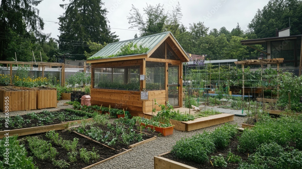 Naklejka premium A large, eco-friendly chicken coop with rainwater collection and a green roof, demonstrating sustainable urban farming practices