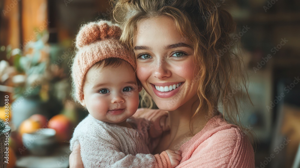 Obraz premium Mother smiles at camera while holding baby. Multitasking. Relaxing atmosphere at home.