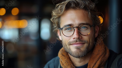 A young man with stylish glasses and a scarf smiles warmly in a cozy café setting during the afternoon